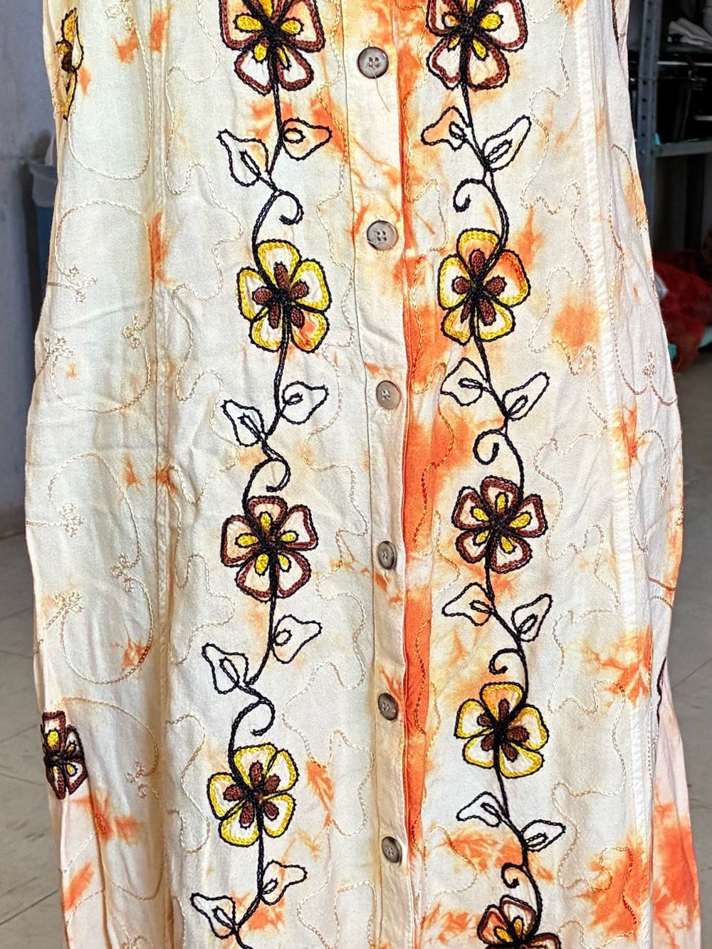 Women’s Embroidered Floral Button-Front Dress in Cream and Orange